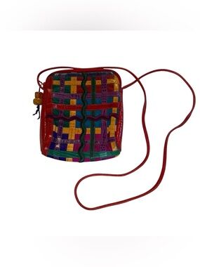 Vtg SHARIF Rainbow Woven Patchwork Exotic Leather Crossbody Purse Bag 80s Retro